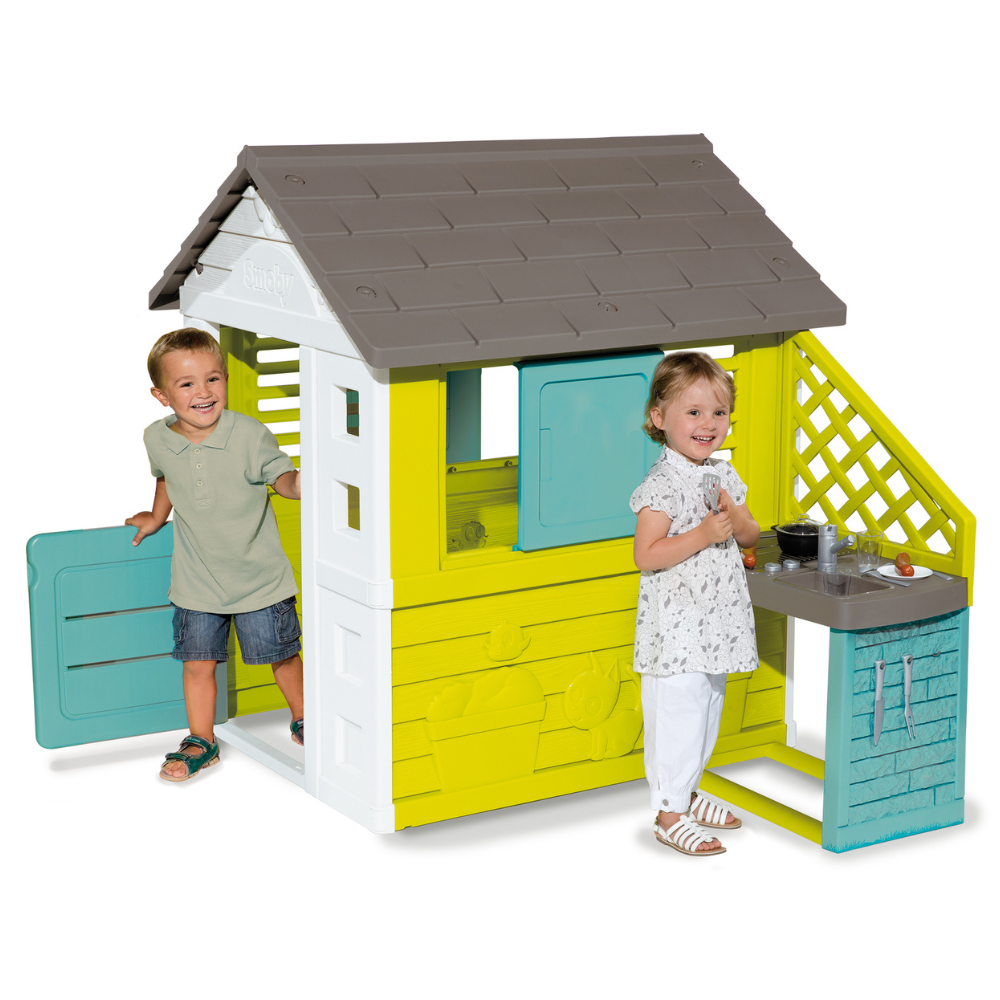 kids playhouse, pretend playhouse, pretend play, outdoor playhouse, childrens slide for garden