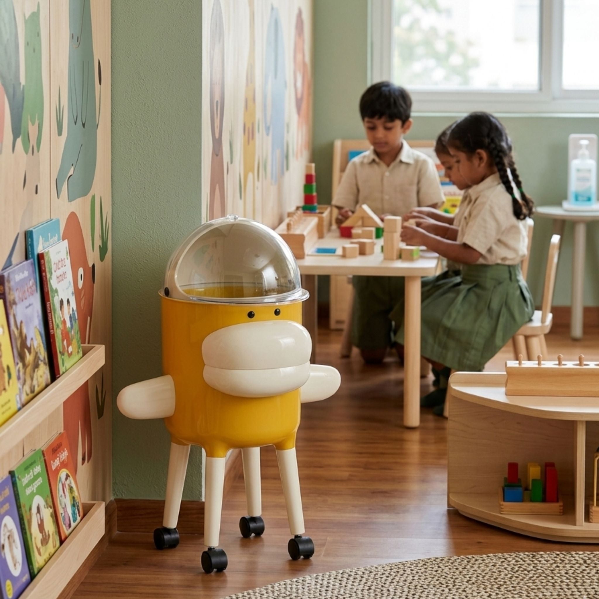 Kids Cartoon Dustbin with Lid & Wheels