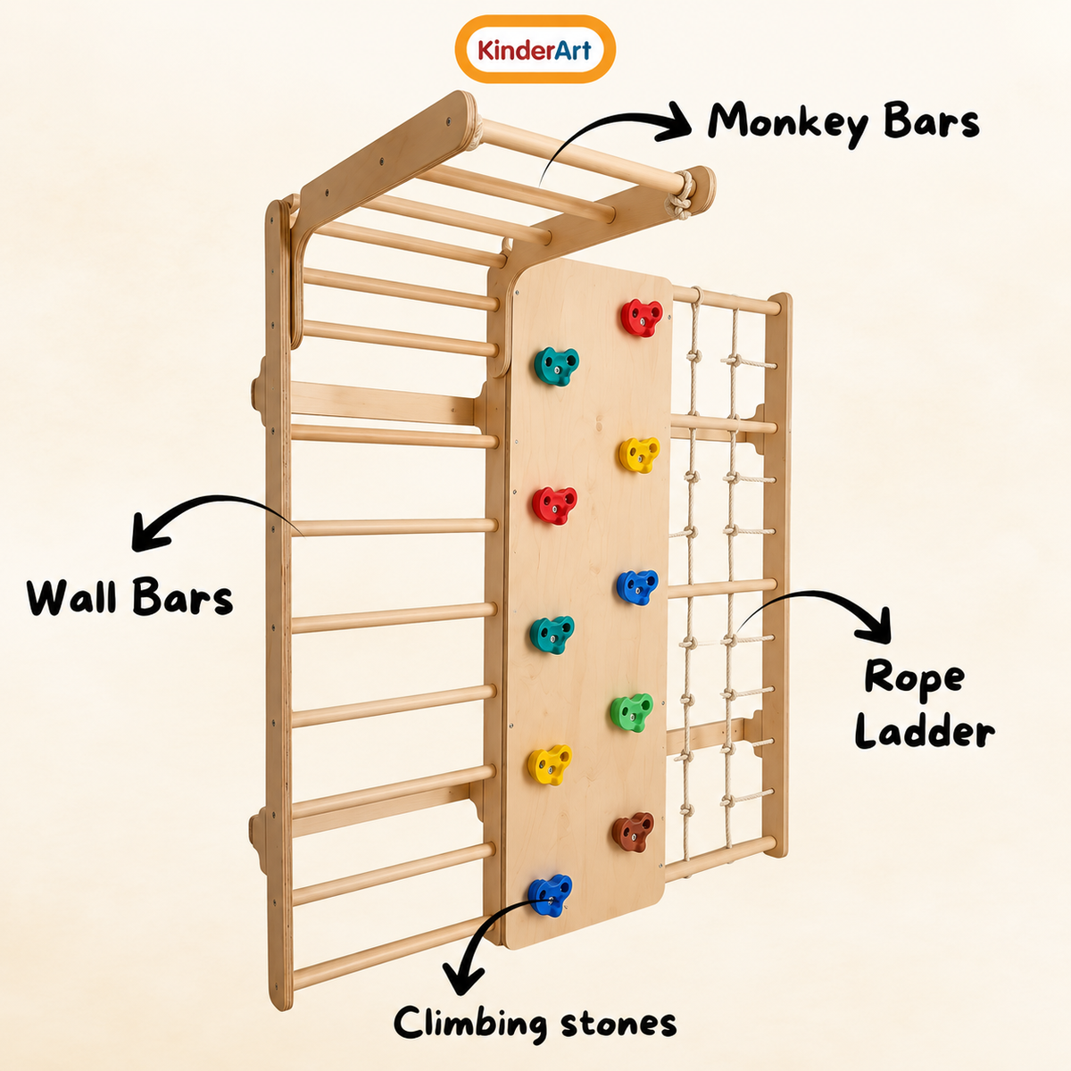 KinderArt Wall Mounted Wooden Jungle Gym for Kids – Indoor Active Play Gym