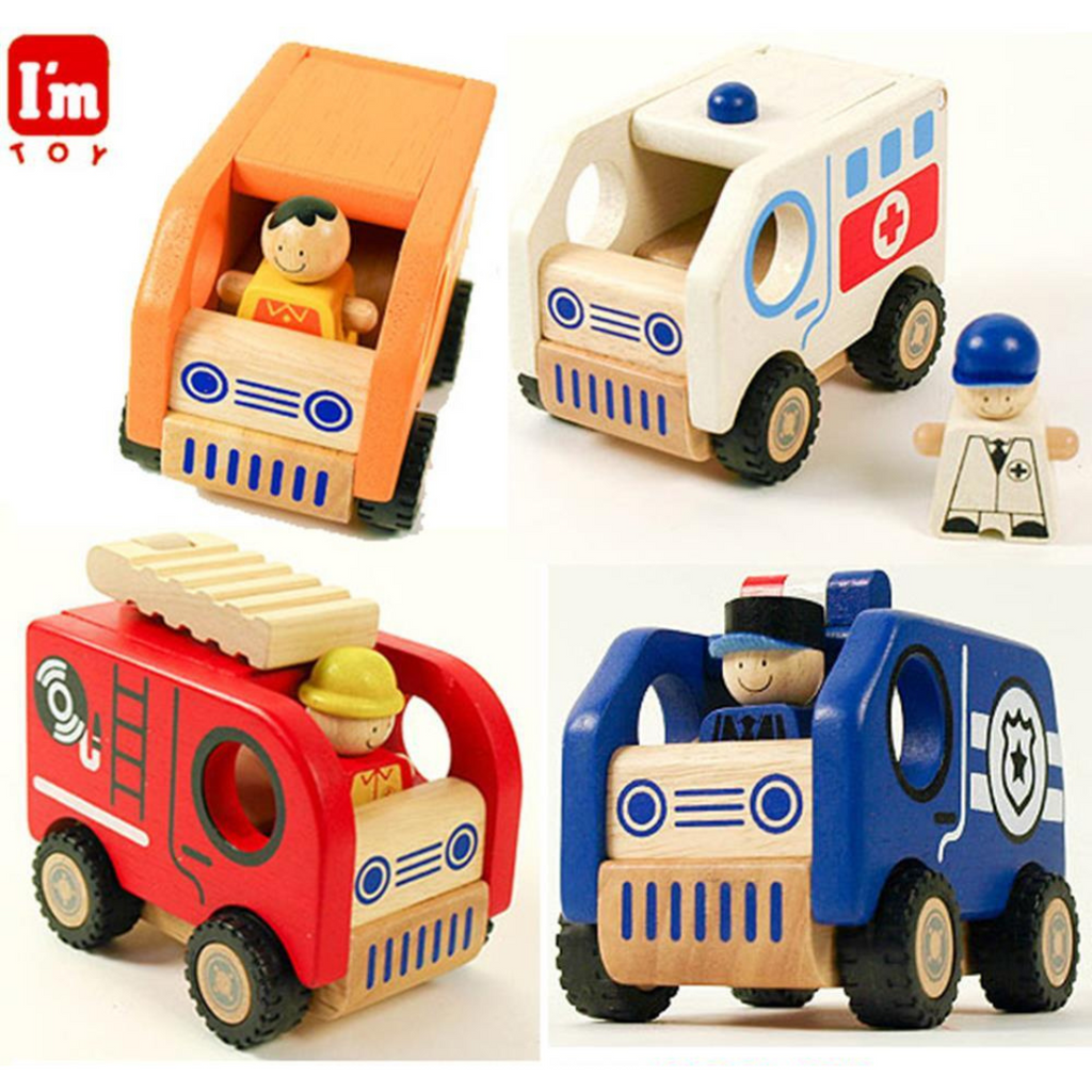 Wooden Toy For Kids: Public Vehicle Set of 4 (Fire Engine, Ambulance, Police Car, School Bus)