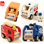 Wooden Toy For Kids: Public Vehicle Set of 4 (Fire Engine, Ambulance, Police Car, School Bus)