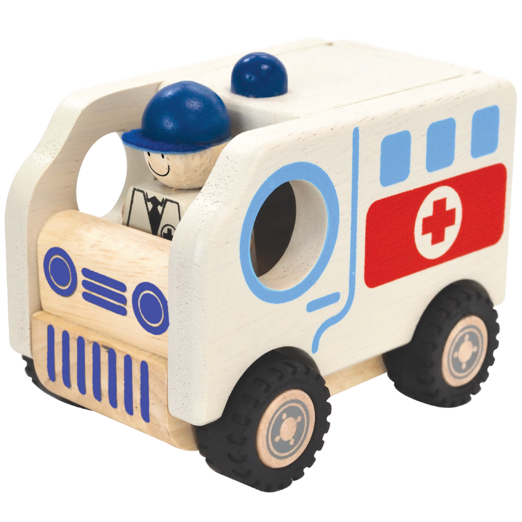 Wooden Toy For Kids: Public Vehicle Set of 4 (Fire Engine, Ambulance, Police Car, School Bus)