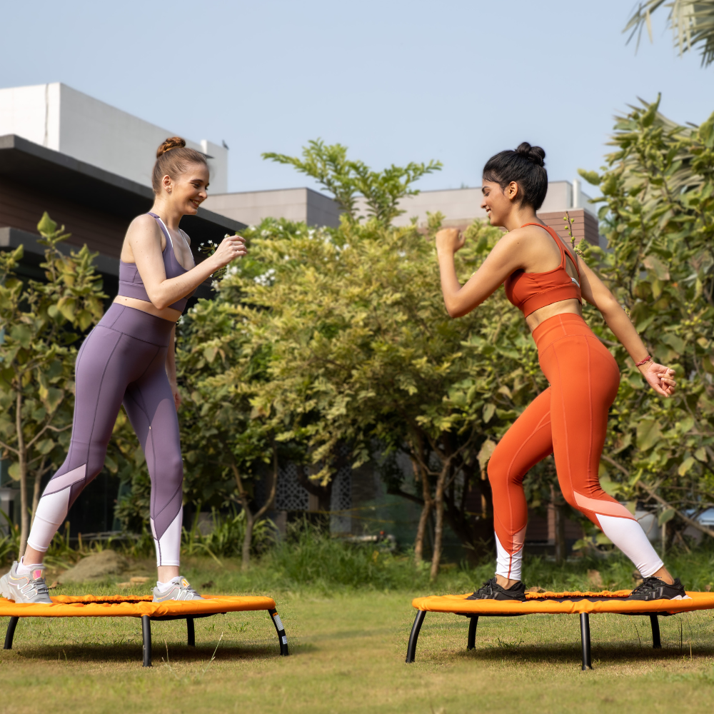 Models working out on trampoline, trampoline for kids