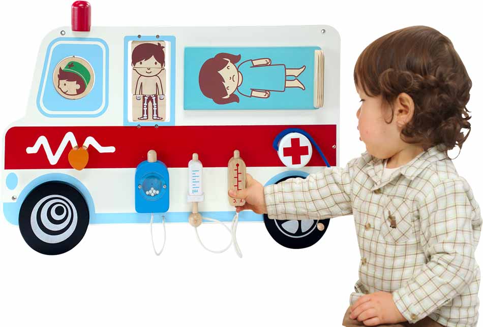 Wooden Toy For Kids: Public Vehicle Ambulance Wall Play Board