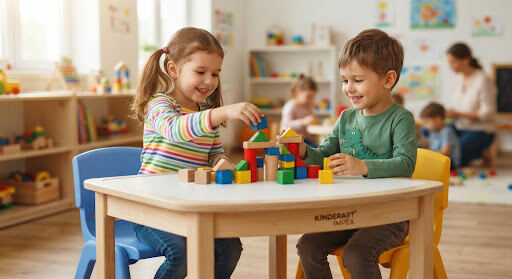 Two children playing with wooden blocks at a classroom table