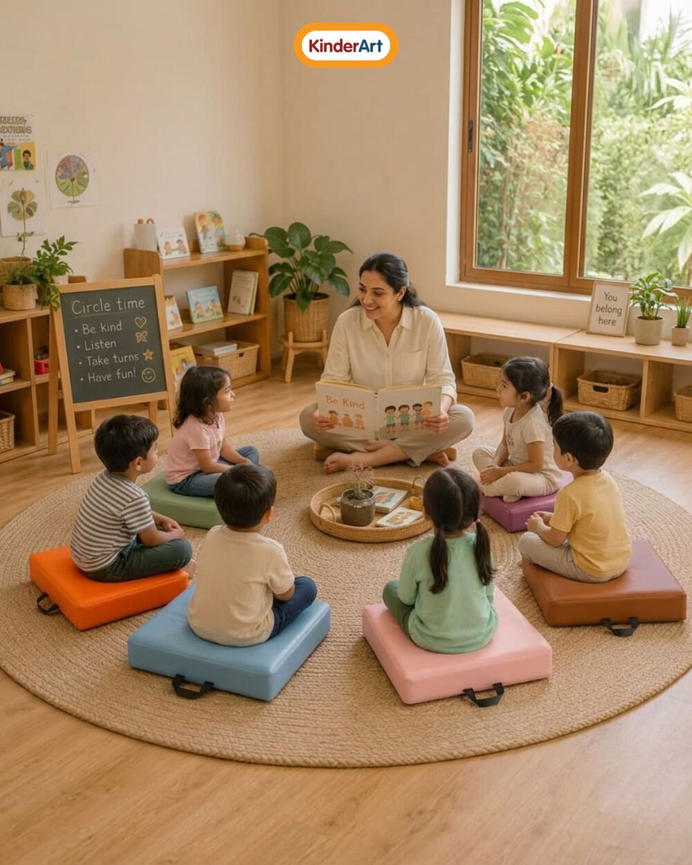 Teacher reading to children in a preschool circle-time corner