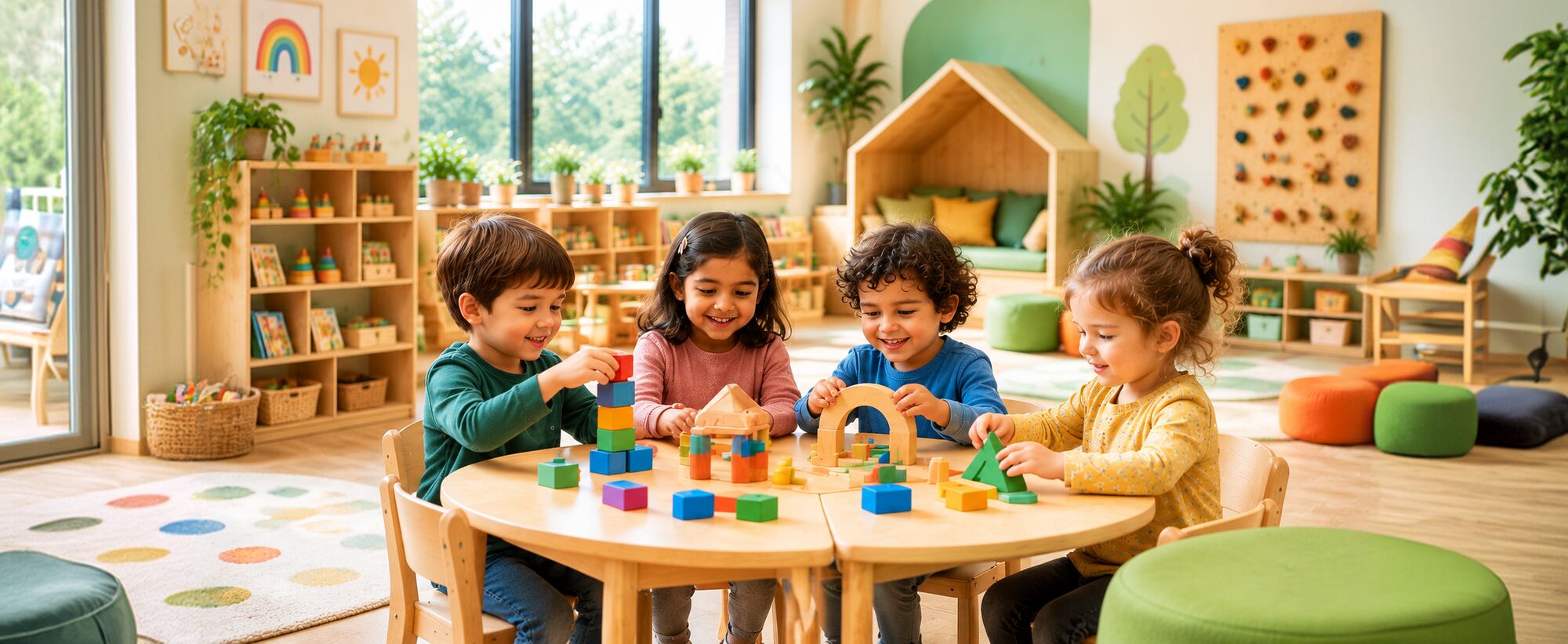 Children building with wooden blocks in a bright classroom